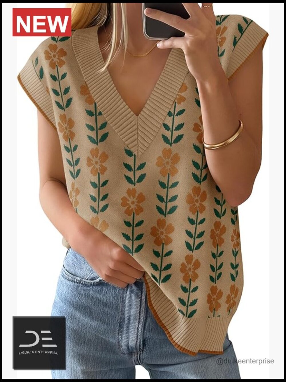 Floral V Neck Sleeveless Knit Sweater Vest, Oversized Loose Tank Top